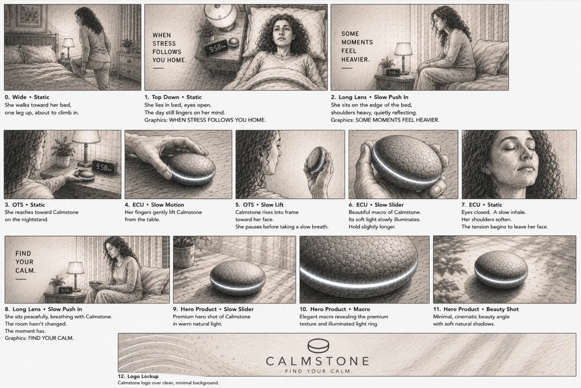 Calmstone storyboard 01 — Bedroom sequence — “Some nights feel heavier.” Clock progression, subtle performance.