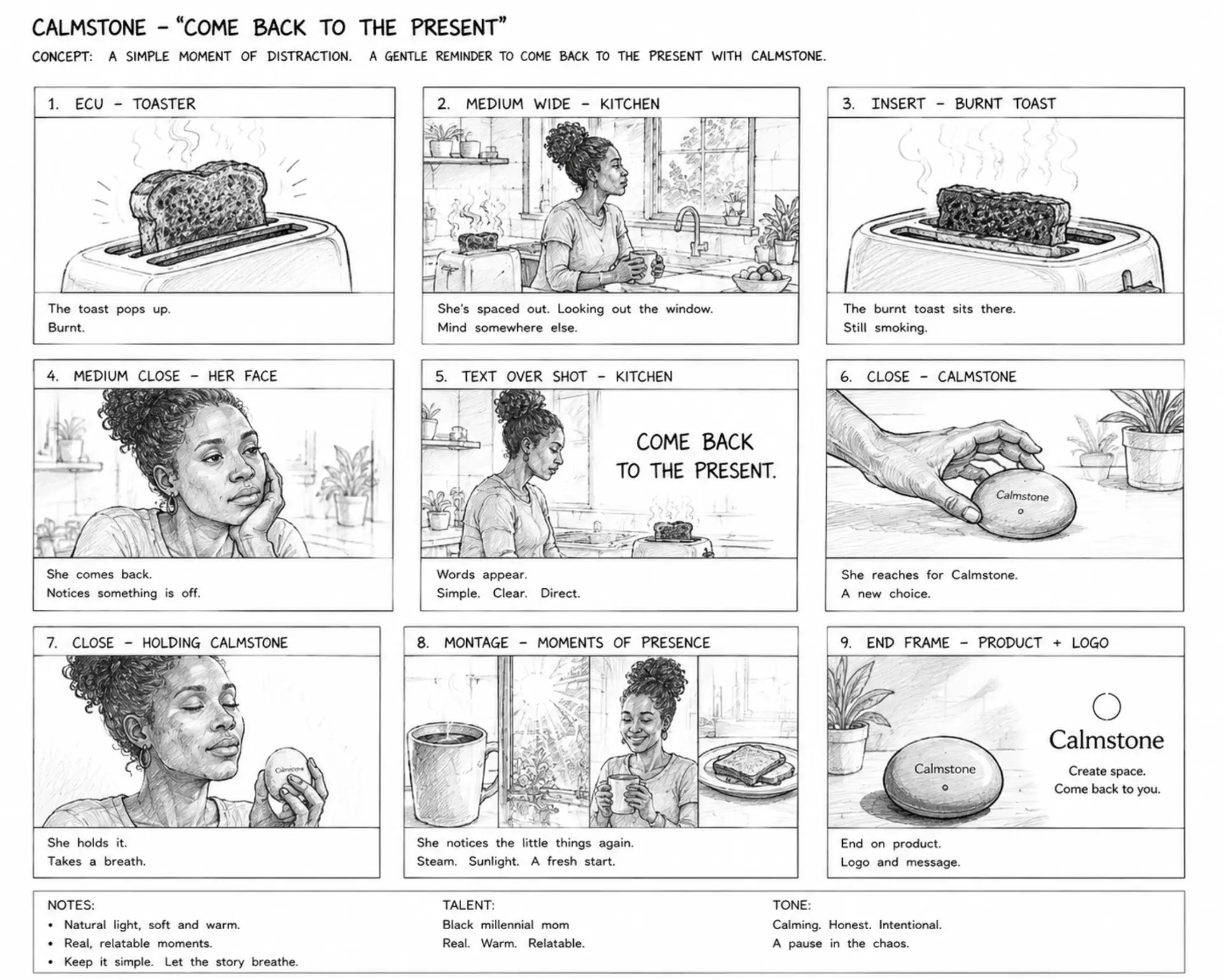 Calmstone storyboard 02 — Kitchen/morning sequence — burnt toast and distraction, resolving to “Come back to the present.”